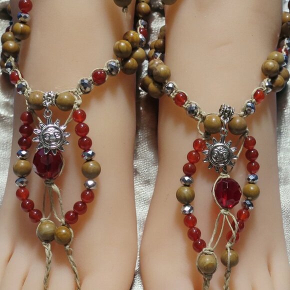NEW Sun & Red Gemstone Barefoot Sandals. Beach fashion foot jewelry. - Picture 2 of 4